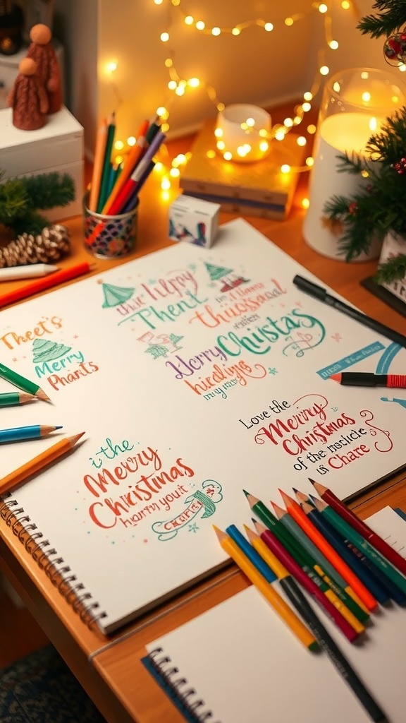 Artistic workspace with Christmas quote drawings and colorful art supplies.